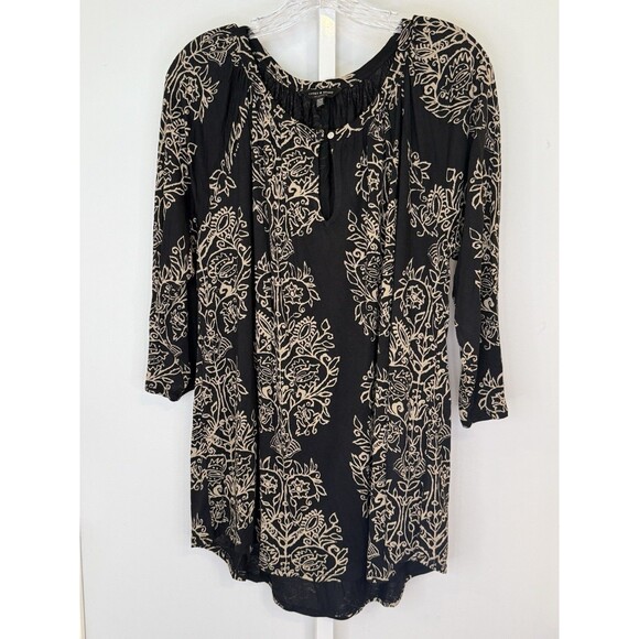 Lucky Brand Women’s 1X Black Beige Floral Boho Peasant Tunic Top Blouse - Picture 1 of 12